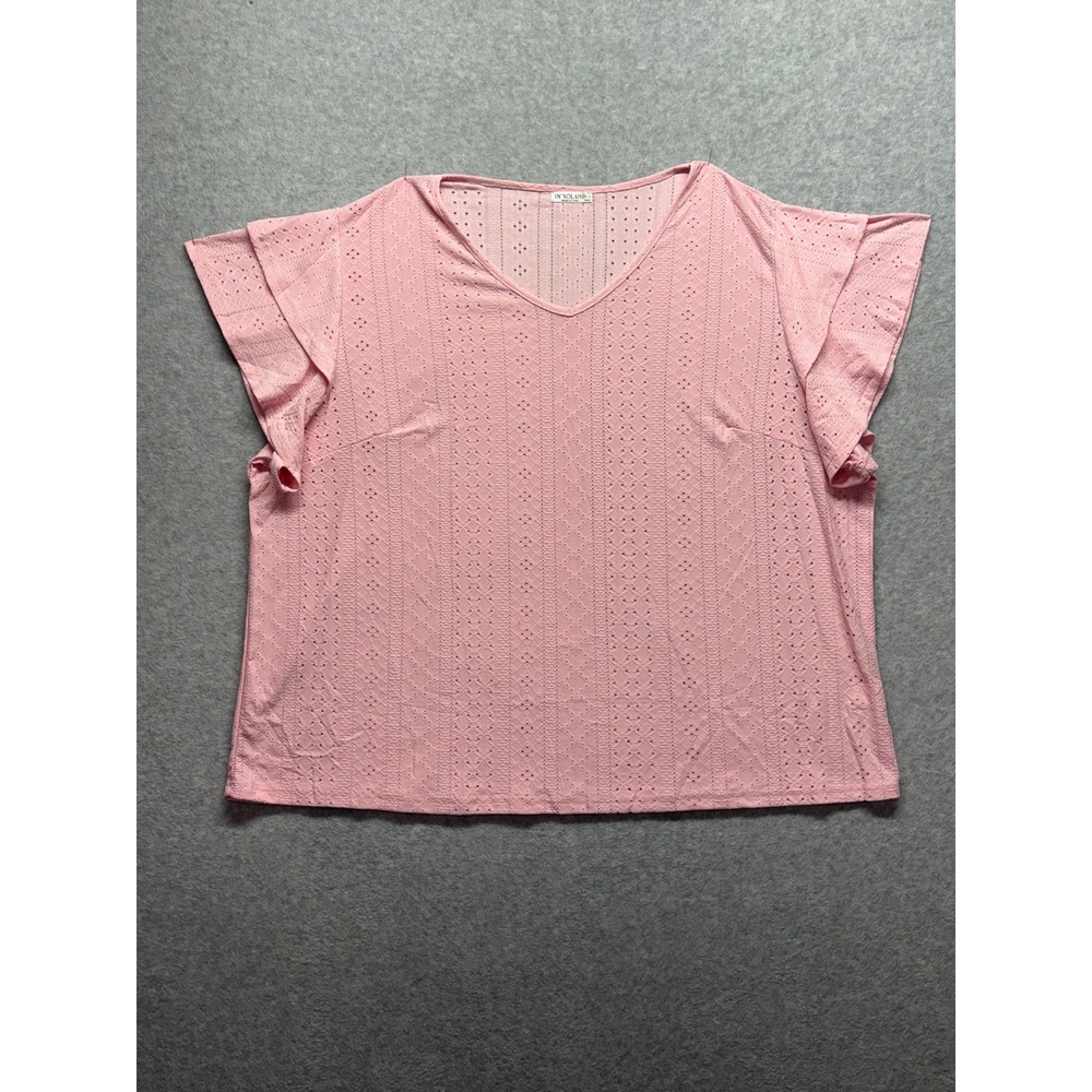 In'Voland Pink Eyelet Ruffle Sleeve V-Neck Blouse Plus Size 26W